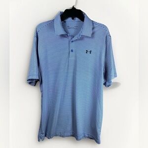 Under Armour Polo Shirt Mens L Loose HeatGear Blue White Stripe Golf Shirt